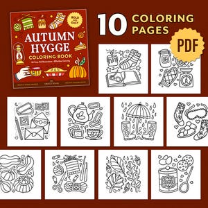 May include: A set of 10 colouring pages featuring illustrations of autumnal themes, such as pumpkins, leaves, rainboots, and teacups. The pages are black and white and ready to be coloured. The title "10 Coloring Pages" and "PDF" are printed on the image.
