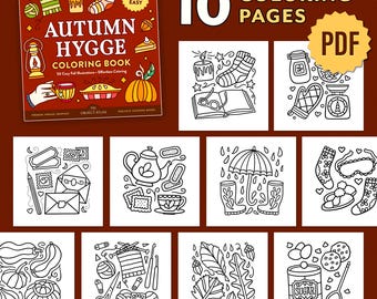 Bold & Easy Autumn Hygge 10 Coloring Pages | Instant Download PDF Printable Coloring Book for Adults | Fall Leaves and Cozy Home Life