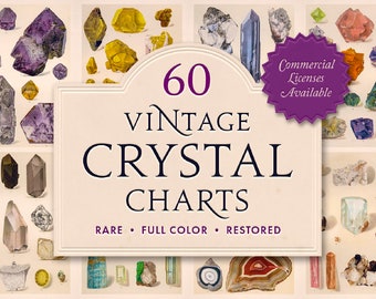 Puede incluir: Láminas de cristales vintage con 60 ilustraciones a color de varios cristales. La imagen incluye amatista, cuarzo y otras piedras preciosas. El texto dice "Vintage Crystal Charts" con "Rare, Full Color, Restored" debajo. Una insignia púrpura indica "Commercial Licenses Available."