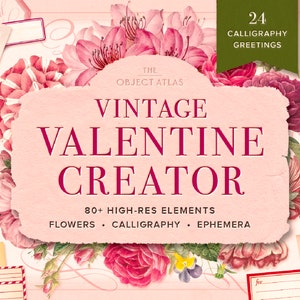 Criador de namorados vintage | Kit de cartão digital para download do Dia dos Namorados | Criador de colagem de clipart retrô | Flores e corações