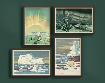 Moody Vintage Arctic Landscape Prints Set of 4 | Printable Gallery Wall Art | Downloadable Digital Posters | Winter Art