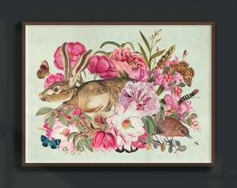 Flora and Fauna Art Print | Vintage Printable Horizontal Wall Art | Downloadable Digital Poster | Light Academia Collage