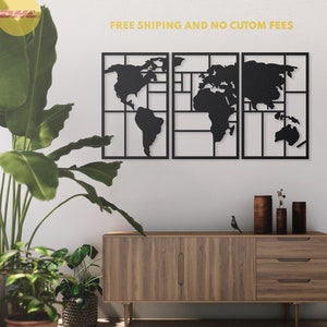Metal World Map Wall Art, Set de 3 Metal Wall Art, Metal Wall Decor, Home Art Wall Decoration, Metal Art, Interior Metal Sign, Route Map