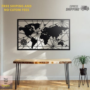 Metal World Map Wall Art, Compass Metal World Map, Metal Wall Decor, Home Art Wall Decoration, Metal Art, Interior Metal Sign, Route Map