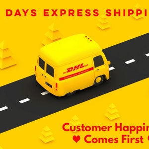 May include: A yellow delivery truck with the DHL logo drives on a black road with white lines. The truck is on a yellow background with yellow triangle shapes. The text "Customer Happiness Comes First" is at the bottom of the image.