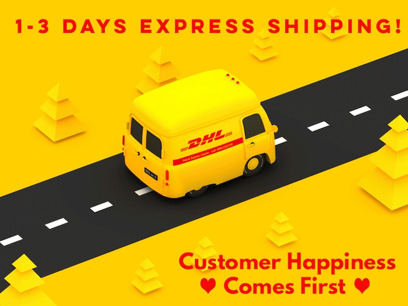 May include: A yellow delivery truck with the DHL logo drives on a black road with white lines. The truck is on a yellow background with yellow triangle shapes. The text "Customer Happiness Comes First" is at the bottom of the image.