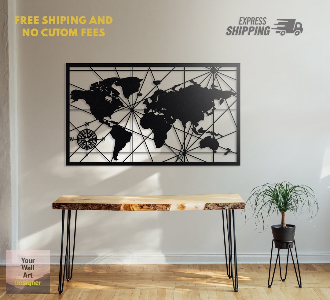 Metal World Map Wall Art, Compass Metal World Map, Metal Wall Decor ...