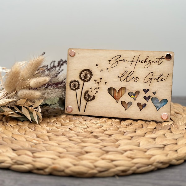 Geldgeschenk Hochzeit | Wunscherfüller Pusteblume | Holzkarte | Geschenkidee zur Hochzeit | Geburtstag | Reise