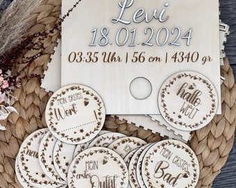 40 Baby Meilensteine aus Holz mit Beutel | Meilensteinkarten Baby | Geschenkset zur Babyparty | Schwangerschaft | Junge, Mädchen Gravur