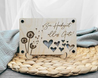 Wooden wish-fulfiller card with dandelion design - an original money gift for a wedding