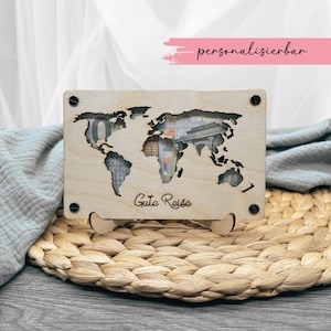 Holzkarte mit Weltkarte als Hochzeitsgeschenk oder als Geschenk zum Geburtstag - personalisierbar | Verschenke Geld für die Flitterwochen!