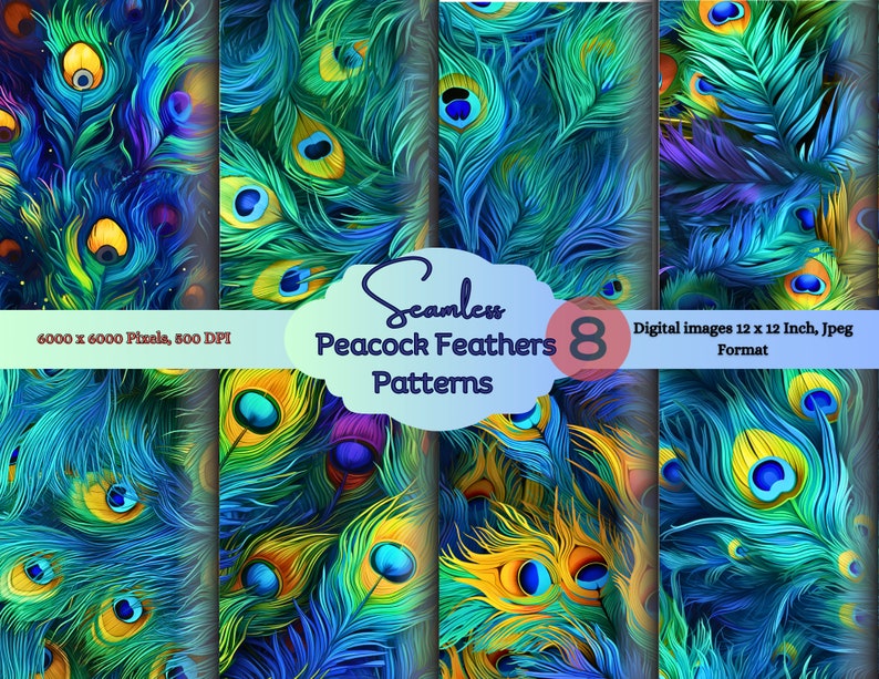 Seamless Pattern Exotic Feathers, Peacock Feathers Digital Paper Pack ...