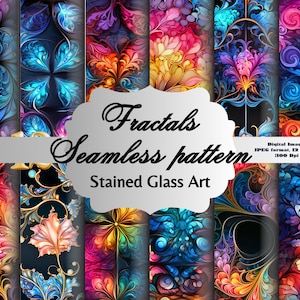 May include: A collection of digital images featuring fractal designs in a seamless pattern, reminiscent of stained glass art. The images showcase vibrant colors including blues, pinks, oranges, and purples. The text on the image reads "Fractals Seamless pattern Stained Glass Art".