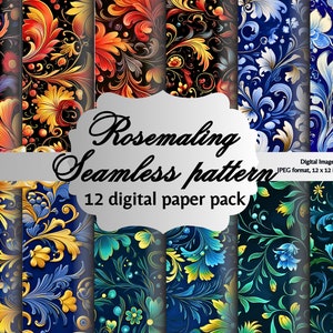 Vibrant Norwegian Rosemaling Digital Paper Pack - Folk Art Patterns for Scrapbooking - Instant Download