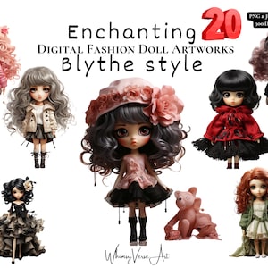 Blythe Doll Clipart: Poseable Art Doll, Fashion Blythe Dolls, Fashion Girls, transparante achtergrond, 300 DPI, commercieel gebruik