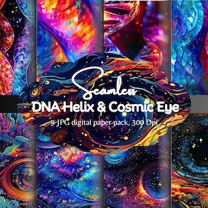 May include: A digital paper pack with 9 seamless patterns featuring a cosmic eye, DNA helix, and colorful abstract designs. The patterns are in shades of blue, purple, red, orange, and yellow.