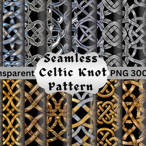 Könnte beinhalten: Set mit 10 nahtlosen digitalen Papiermustern mit komplizierten silbernen und goldenen keltischen Knotendesigns. Die Muster sind perfekt für Bastel-, Scrapbooking- und digitale Designprojekte.