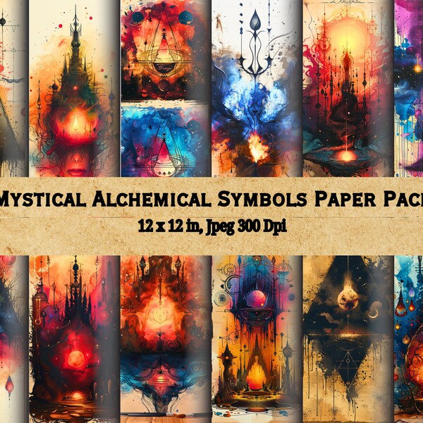 Paquete de papel con símbolos alquímicos místicos: papeles decorativos imprimibles sobre fondo Shabby Chic, ideal para álbumes de recortes y manualidades