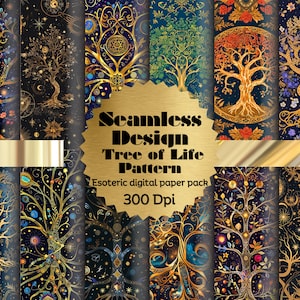 Tree of Life Digital Paper Pack, Kabbalah Symbols Seamless Pattern, Elegant Wallpaper Design, Esoteric Decor Gift