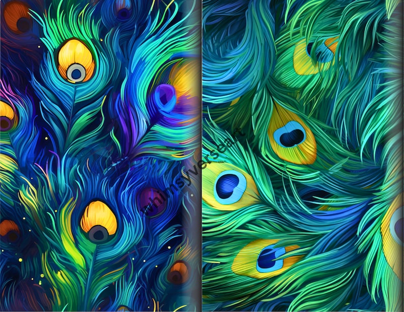 Seamless Pattern Exotic Feathers, Peacock Feathers Digital Paper Pack ...