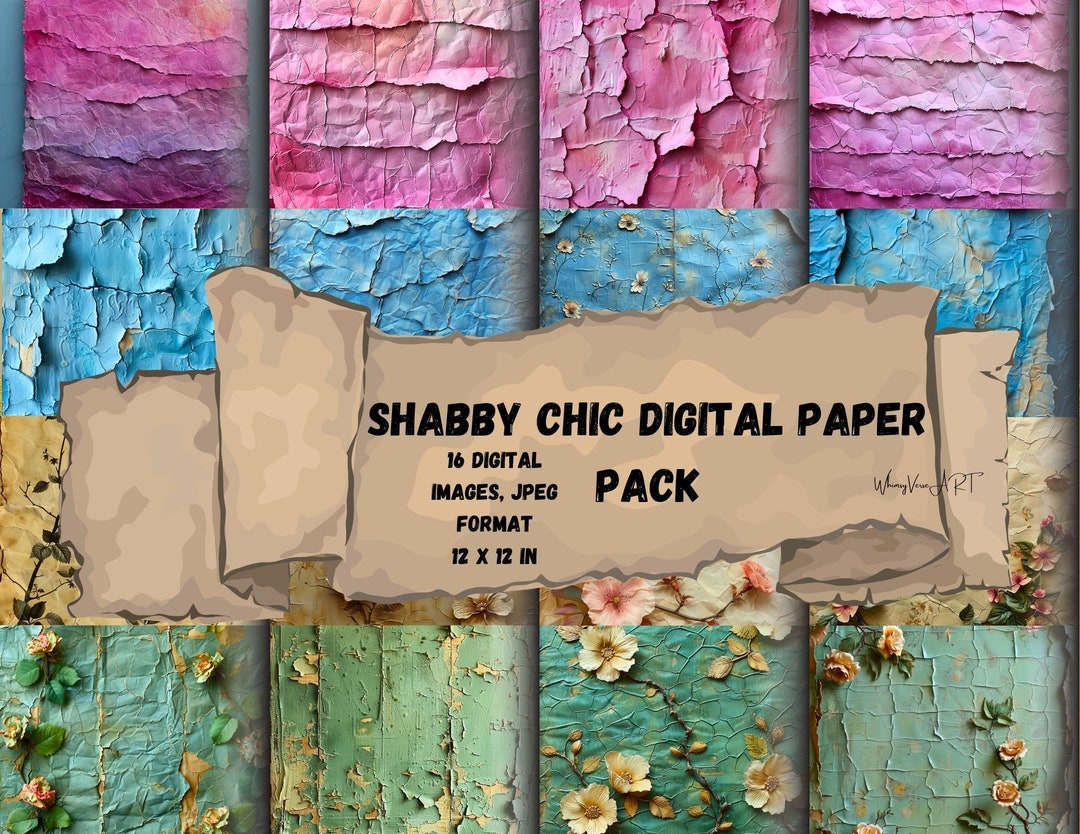 Shabby Chic Digital Paper Pack: 16 Distressed Backgrounds for ...