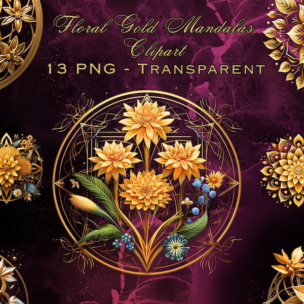 Ensemble de cliparts exquis floraux mandalas dorés - designs élégants pour l'artisanat, téléchargement immédiat