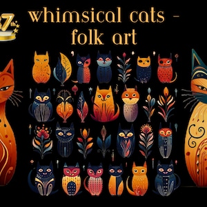 Whimsical Cats, Norwegian Folk Art Motif - Quirky and Cute Cat, Transparent PNG Bundle for Crafting