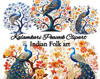 Peut inclure: Quatre illustrations numériques de paons perchés sur des arbres avec des fleurs colorées. Les paons sont bleus, verts et dorés. Les arbres sont remplis de fleurs orange, jaunes et rouges. Le texte "Kalamkari Peacock Clipart Indian Folk art" est en bas de l'image.