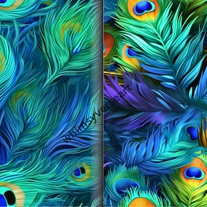 Seamless Pattern Exotic Feathers, Peacock Feathers Digital Paper Pack, Seamless Overlay Design  for Fabric,  Exotic Wallpaper