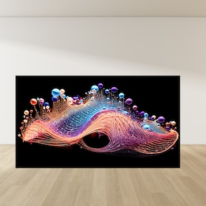 May include: Abstract digital art print featuring a colorful, swirling, 3D mesh with iridescent spheres. The mesh is orange, purple, and blue, and the spheres are various shades of blue, purple, and pink.