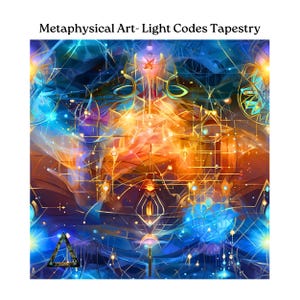 Op de afbeelding: Een wandkleed met een kleurrijk abstract ontwerp met geometrische vormen, lijnen en gloeiende bollen. De kleuren zijn voornamelijk blauw, oranje en goud, met hints van paars en groen. Het ontwerp doet denken aan een mystiek of spiritueel thema.