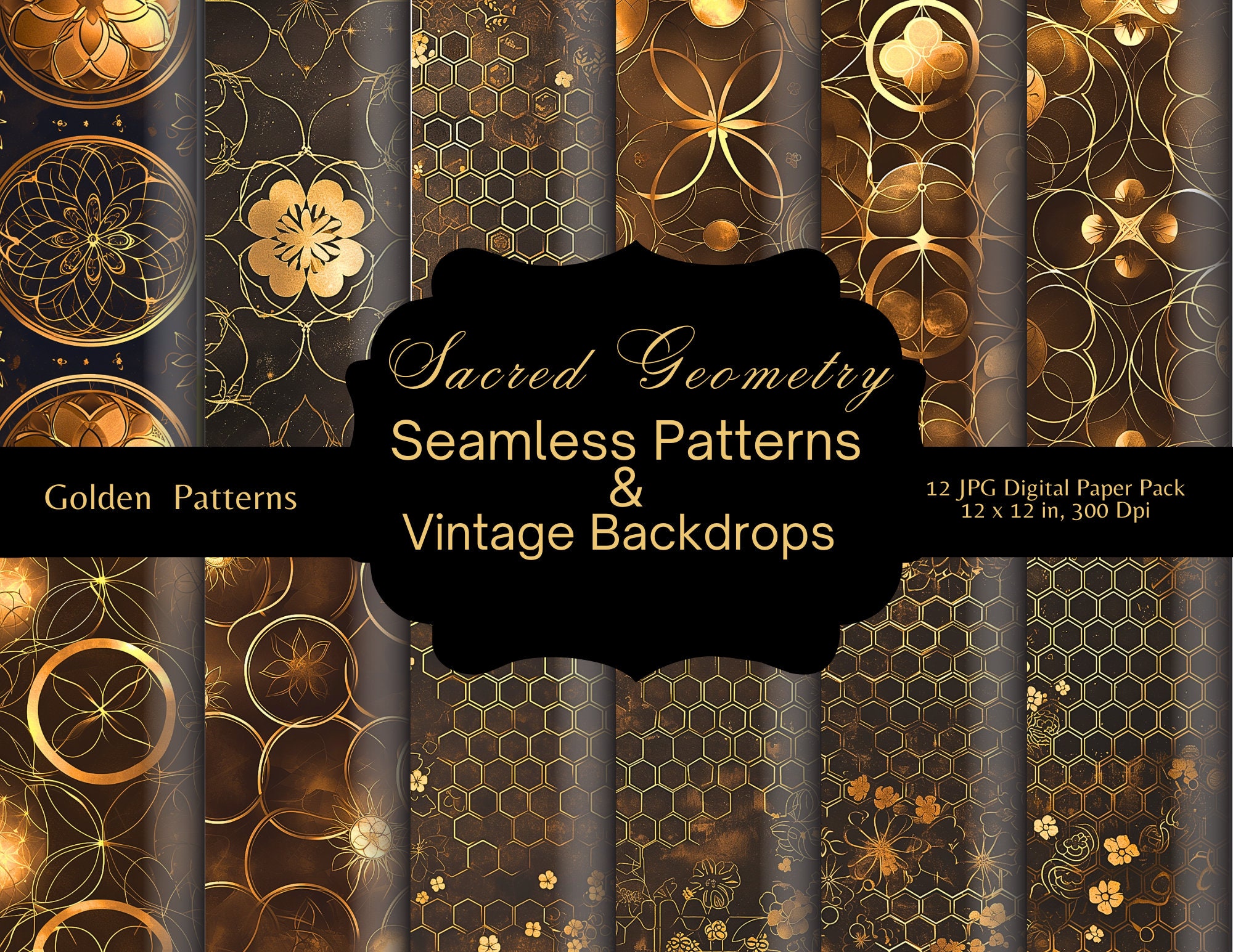 Gold Sacred Geometry Patterns Seamless &amp; Vintage Digital Paper Pack for ...
