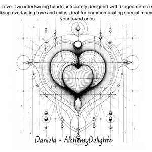 May include: Black and white line art illustration of two intertwined hearts with geometric designs. The artwork includes the text "Eternal Love: Two intertwining hearts, intricately designed with biogeometric elements, symbolizing everlasting love and unity, ideal for commemorating special moments with your loved ones." and "Daniela - Alchemy Delights."