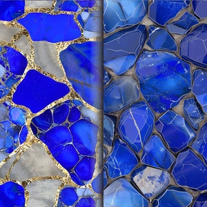 May include: A seamless pattern featuring a close-up of blue and gold gemstone pieces. The pattern is made up of various shapes and sizes of blue gemstones, with gold accents in between.