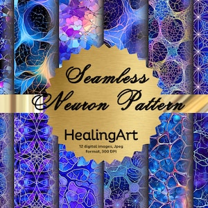 May include: A set of 12 digital seamless patterns featuring abstract neuron-like designs in shades of blue, purple, and gold. The patterns are labeled "Seamless Neuron Pattern" and "HealingArt".