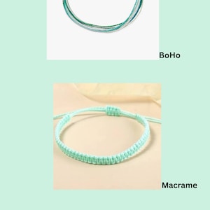 May include: Two bracelets, one in a BoHo style with multiple strands of blue, green, and white thread, and the other in a Macrame style with a single strand of light blue thread.