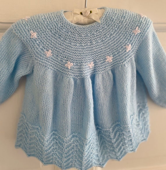 Vintage 00's Baby's Pale Blue Hand Knitted Matine… - image 4