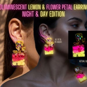 Oorbellen met echte citroenbloem – glow-in-the-dark harssieraden met citrus, bloemblaadjes, citrien en robijnkralen