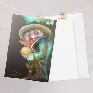 Grappige kabouter met gouden munt Wenskaart gemaakt van mijn originele zachte pastel schilderij, unieke geluksgeschenken.