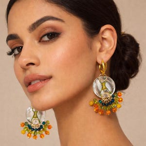 Solar Dance – Botanical Resin Drop Earrings with Colorful Crystal Beads
