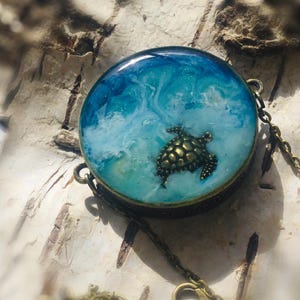 Epoxy Resin Turtle Necklace: Watercolor Ocean Pendant, Antique Bronze