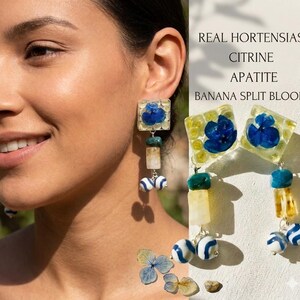 Boucles d'oreilles Hortensia Bleu Réel avec Citrine et Apatite – Bijoux Botaniques en Résine – "Banana Split Bloom" – Cadeau Unique Nature