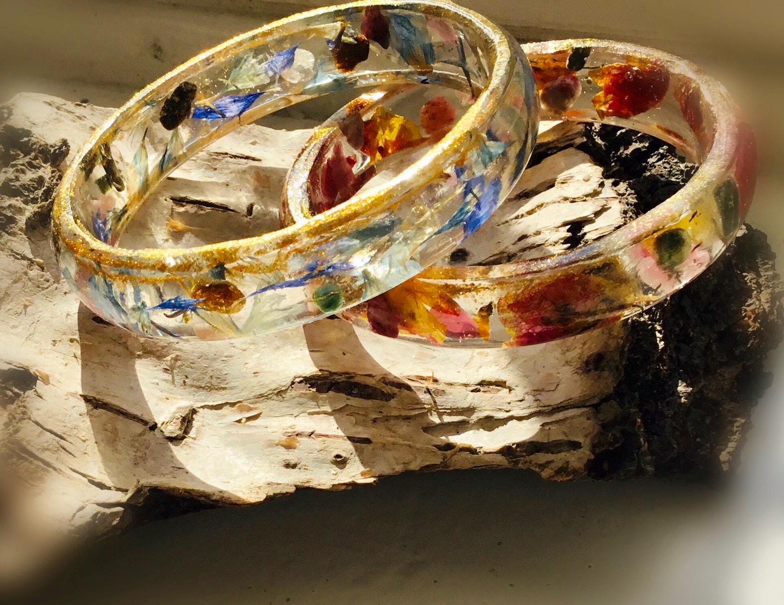 Set of 2 Fantasy Resin Bangles – Real Cornflower & Bougainvillea Petals, Natural Stones and Gold Dust Edges