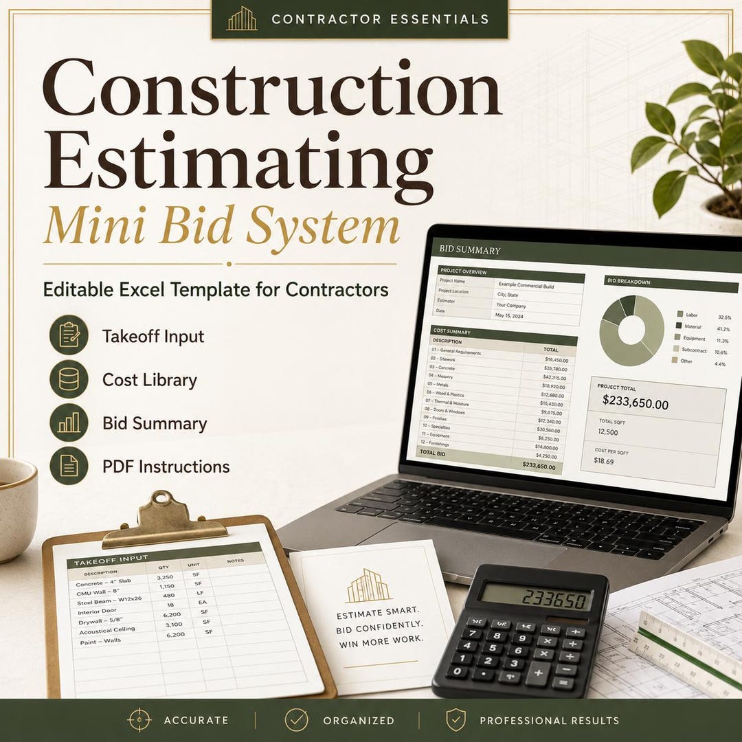 Construction Estimating Excel Template, Contractor Bid Sheet, Takeoff ...