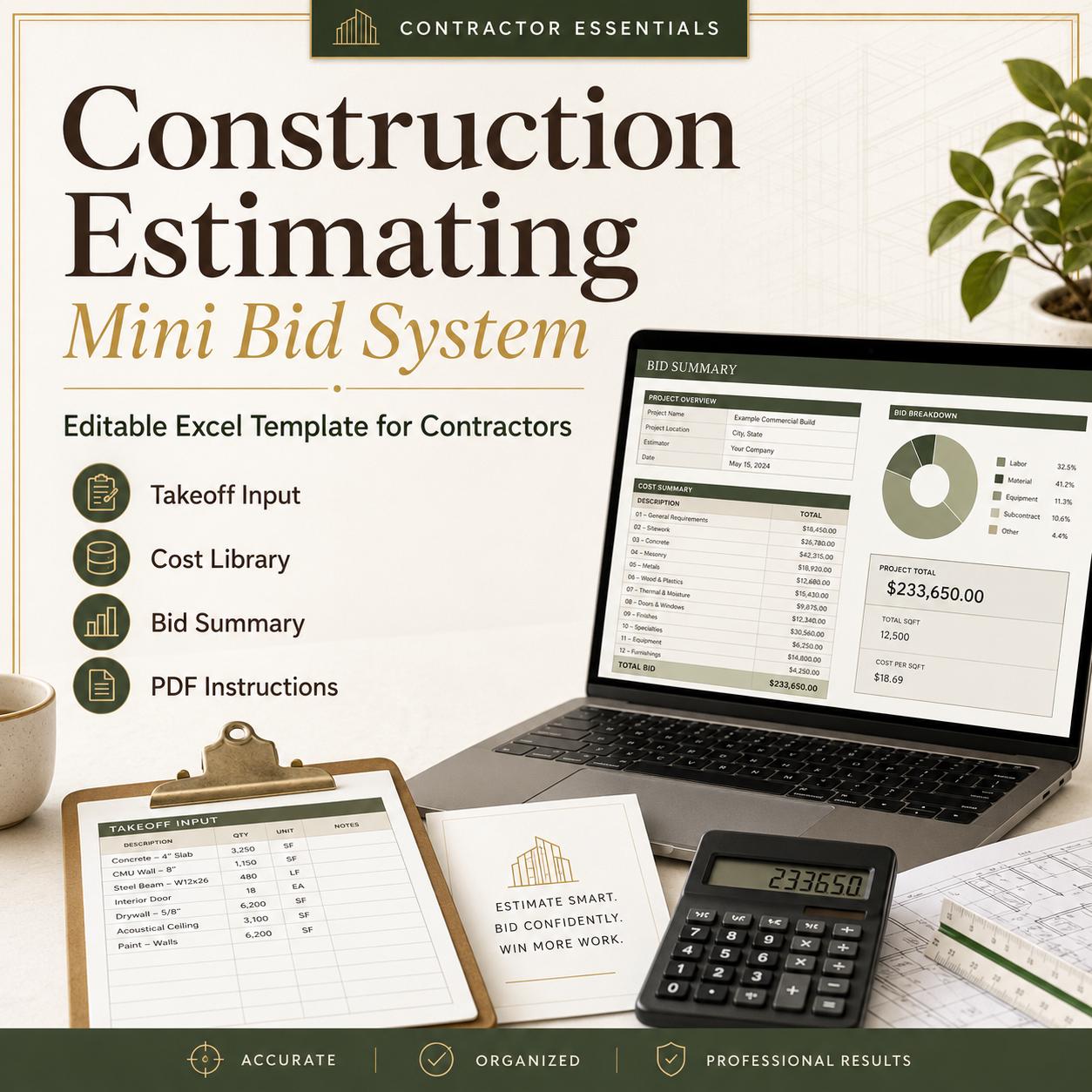 Construction Estimating Excel Template, Contractor Bid Sheet, Takeoff ...