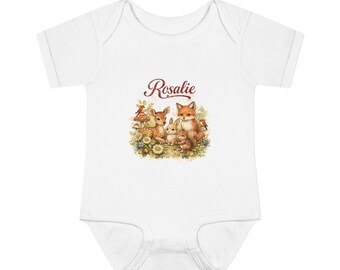 Body de bebé personalizable con diseño de animales del bosque y nombre personalizado.