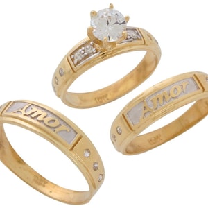 10k Two-Tone Gold Beautiful White CZ Accented His and Hers Amor Wedding Ring Set