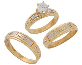 10k Two-Tone Gold Beautiful White CZ Accented His and Hers Amor Wedding Ring Set