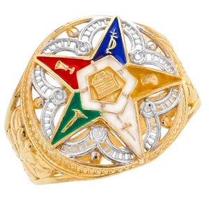 Your Choice of Solid 10k or Solid 14k Two-Tone Gold Eastern Star Enamel Filigree Stylish Ladies Ring