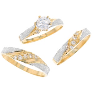 Your Choice of Solid 10k or Solid 14k Two Tone Gold His & Hers Trio CZ Wedding Ring Sets